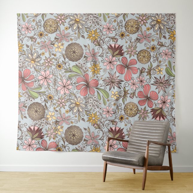 Cute Girly Old Rose Pink Floral Doodles Design Tapestry (In Situ (Horizontal))