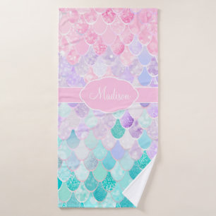 Cute Girly Ombre Mermaid Pattern Monogrammed Bath Towel