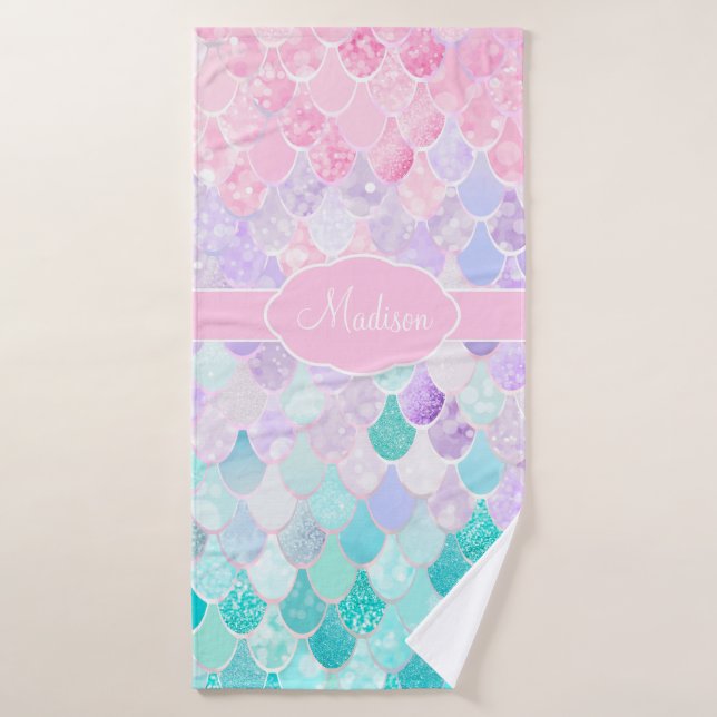 Cute Girly Ombre Mermaid Pattern Monogrammed Bath Towel (Bath Towel)