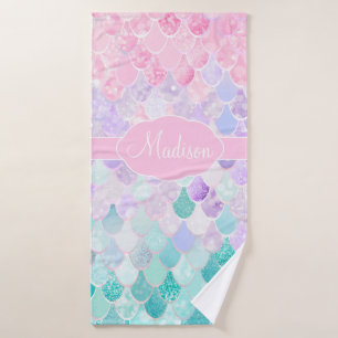 Cute Girly Ombre Mermaid Pattern Monogrammed Bath Towel