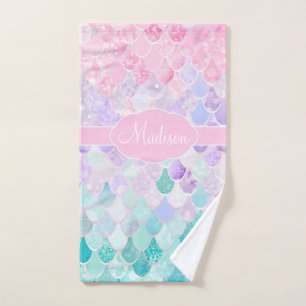 Cute Girly Ombre Mermaid Pattern Monogrammed Hand Towel