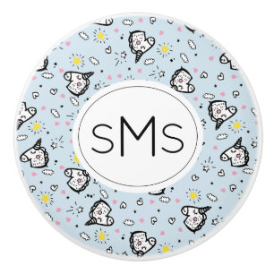 Cute Girly Pastel Blue Unicorn Pattern Monogram Ceramic Knob