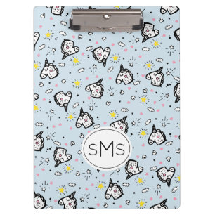 Cute Girly Pastel Blue Unicorn Pattern Monogram Clipboard