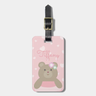Cute Girly Pastel Pink Ballerina Bear Cub Kids Luggage Tag