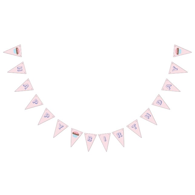 Cute Girly Pastel Pink Cupcake Happy Birthday Bunting (All)