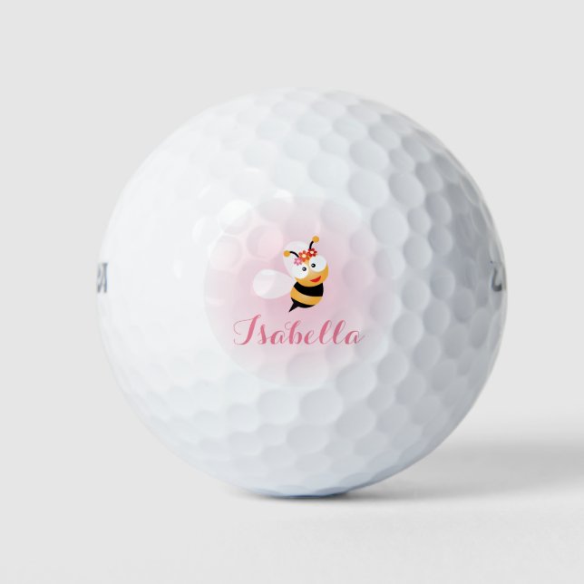 Cute Girly Pastel Pink Sweet Bumble Bee Cartoon Golf Balls (Front)