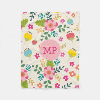 Cute Girly Pastel Spring Flower Pattern + Monogram Fleece Blanket