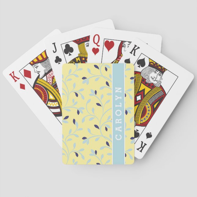 Cute girly pastel yellow floral pattern monogram playing cards (Back)