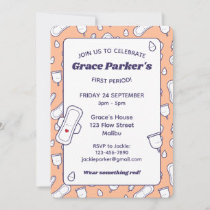 Cute Girly Peach Cartoon Pattern First Period Invitation