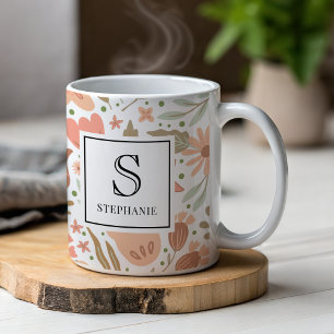 Cute Girly Peach Flowers Pattern Monogrammed Name Coffee Mug