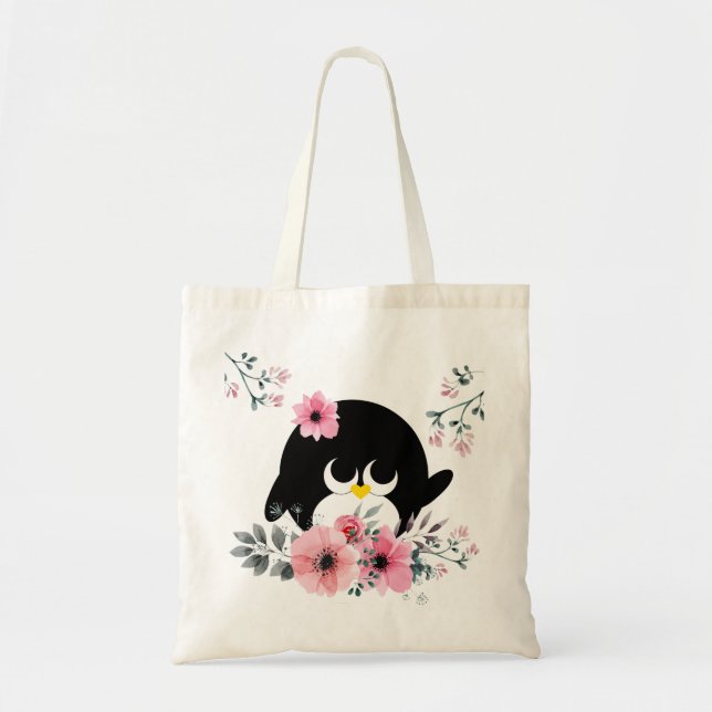 Cute Girly Penguin Pink Floral Tote Bag (Front)