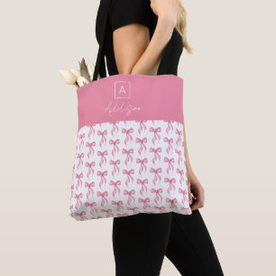 Cute Girly Personalised Monogram Pink Bow Tote Bag