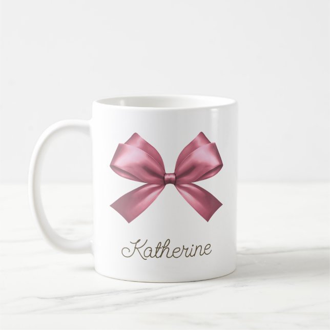 Cute Girly Pink Aesthetic Bow Name Coffee Mug (Left)