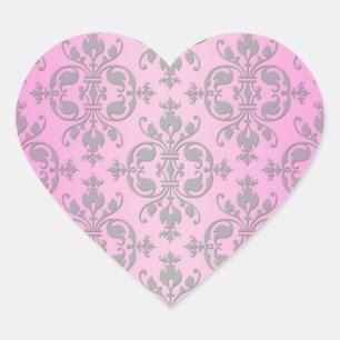 Cute Girly Pink and Grey Damask Heart Sticker