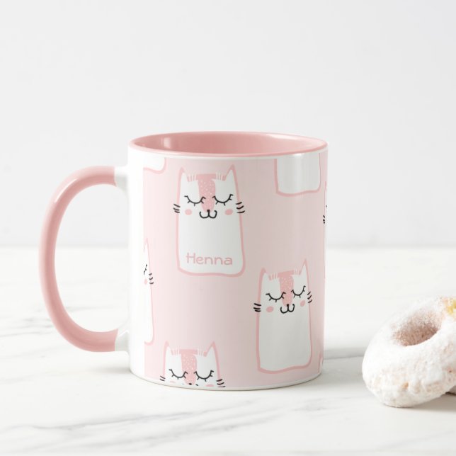 Cute Girly Pink and White Cat Pattern Personalised Mug (With Donut)