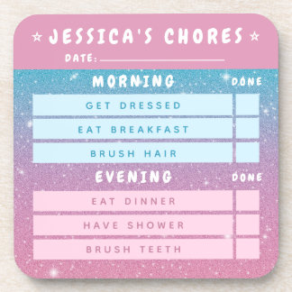 Cute Girly Pink Blue Glitter Kids Daily Chores 3x3 Coaster