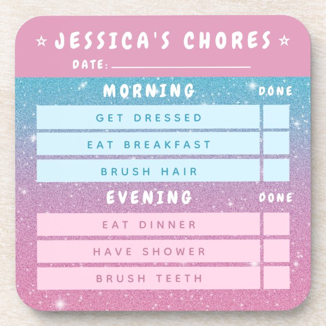 Cute Girly Pink Blue Glitter Kids Daily Chores 3x3 Coaster (Front)