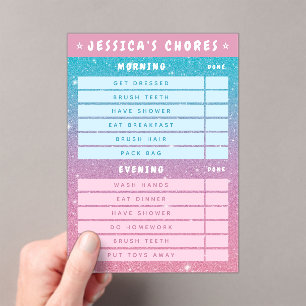 Cute Girly Pink Blue Glitter Kids Daily Chores Acrylic Invitations