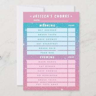 Cute Girly Pink Blue Glitter Kids Daily Chores  Invitation