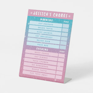 Cute Girly Pink Blue Glitter Kids Daily Chores  Pedestal Sign