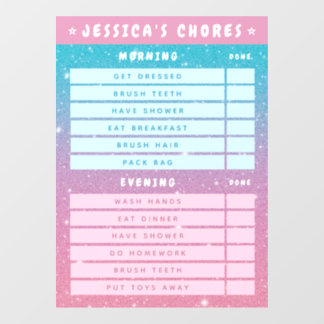 Cute Girly Pink Blue Glitter Kids Daily Chores  Window Cling