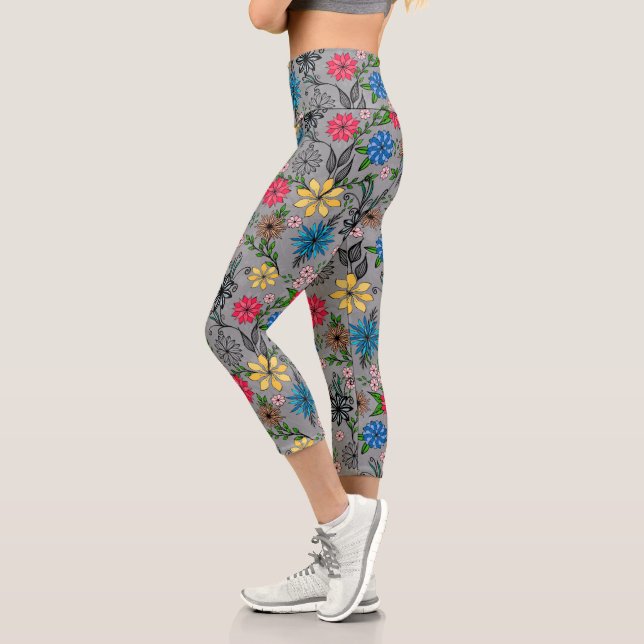 Cute Girly Pink Blue & Yellow Floral Grey Design Capri Leggings (Left)