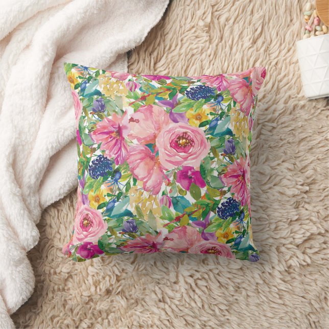 Cute Girly Pink Blue Yellow Watercolor Floral Cushion (Blanket)