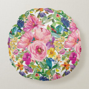 Cute Girly Pink Blue Yellow Watercolor Floral Round Cushion