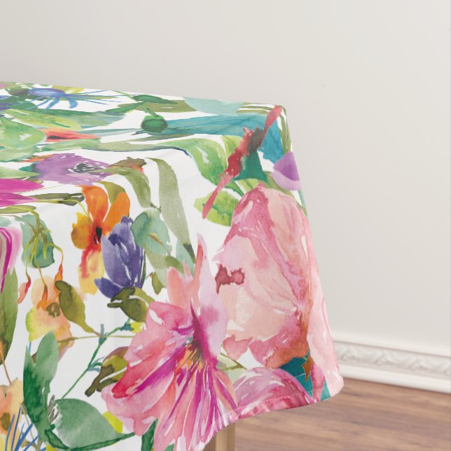 Cute Girly Pink Blue Yellow Watercolor Floral  Tablecloth (In Situ)