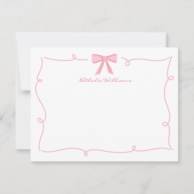Cute Girly Pink Bow Wavy Border Stationery Card (Front)