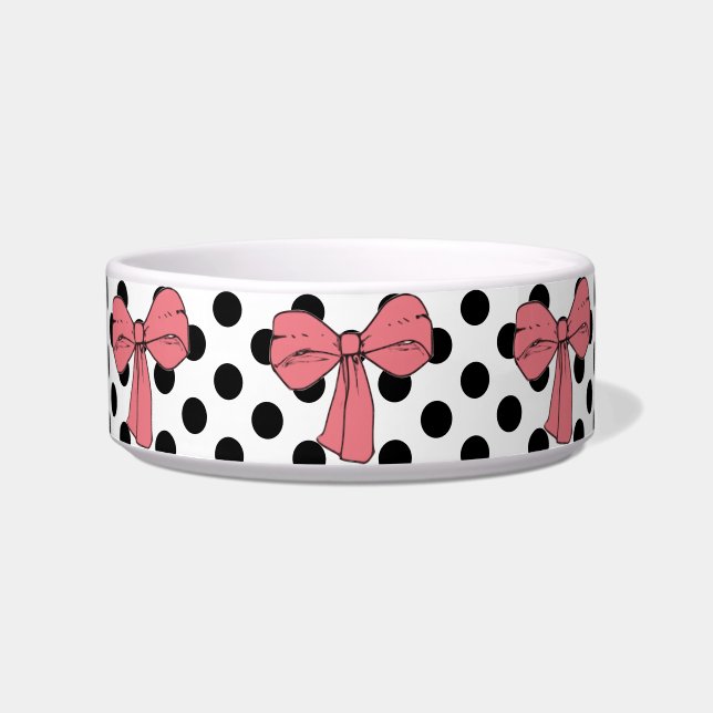 Cute Girly Pink Bows and Black Polkadots on White Bowl (Front)