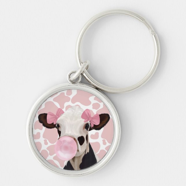 Cute Girly Pink Bubblegum Blowing Cow Key Ring (Front)