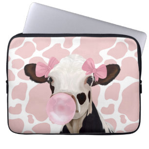 Cute Girly Pink Bubblegum Blowing Cow Laptop Sleeve