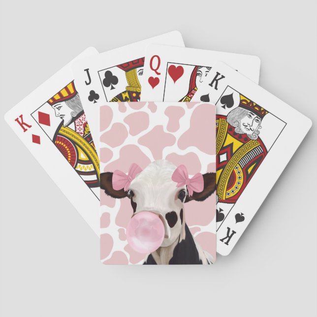 Cute Girly Pink Bubblegum Blowing Cow Playing Cards (Back)