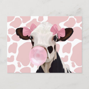 Cute Girly Pink Bubblegum Blowing Cow Postcard