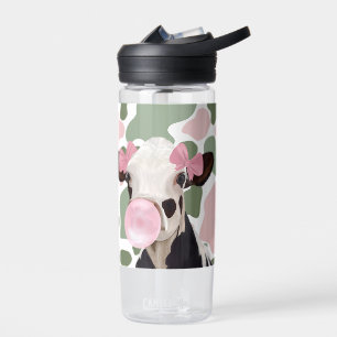 Cute Girly Pink Bubblegum Blowing Cow  Water Bottle