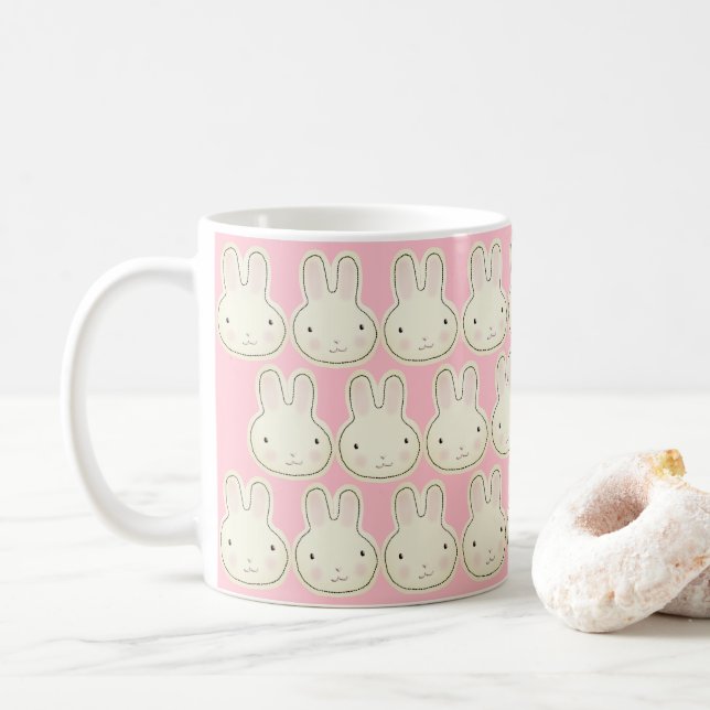 Cute girly pink bunny cartoon illustration pattern coffee mug (With Donut)