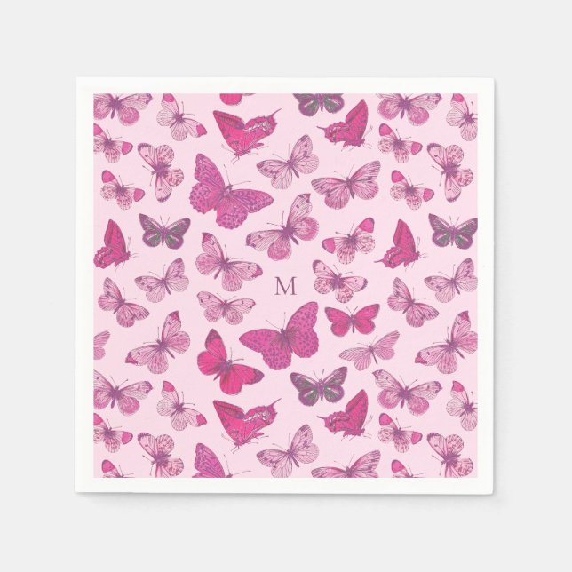 Cute Girly Pink Butterfly Pattern Monogram Napkin (Front)