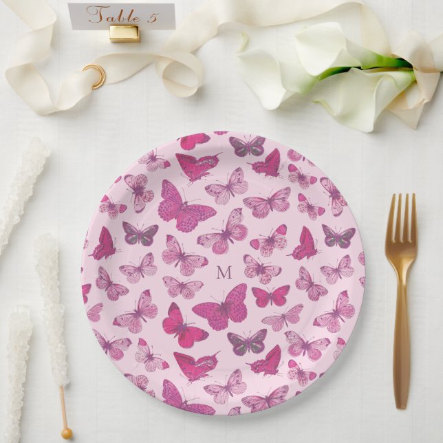 Cute Girly Pink Butterfly Pattern Monogram Paper Plate (Wedding)