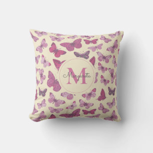 Cute Girly Pink Butterfly Pattern Name Monogram Cushion