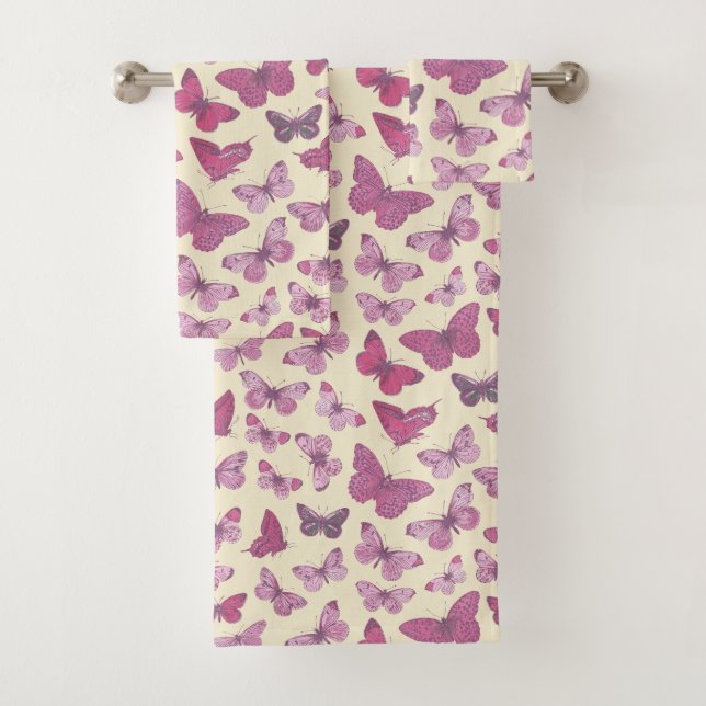 Cute Girly Pink Butterfly Pattern on Beige Bath Towel Set (Insitu)