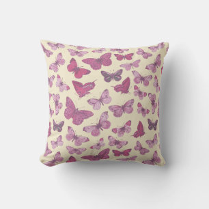 Cute Girly Pink Butterfly Pattern on Beige Cushion