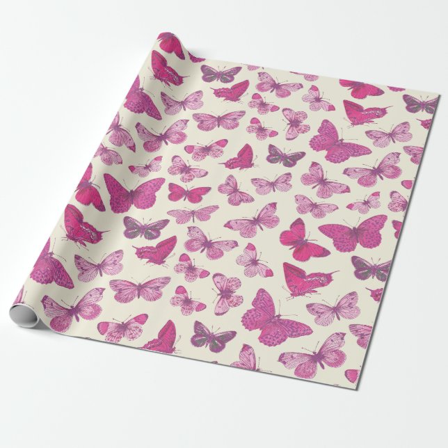 Cute Girly Pink Butterfly Pattern Wrapping Paper (Unrolled)