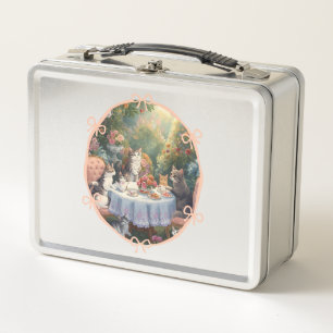 Cute Girly Pink Cats Tea Party Design Feminine Bow Metal Lunch Box