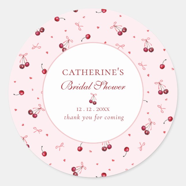 Cute Girly Pink Cherry Bows Thank you Classic Round Sticker (Front)