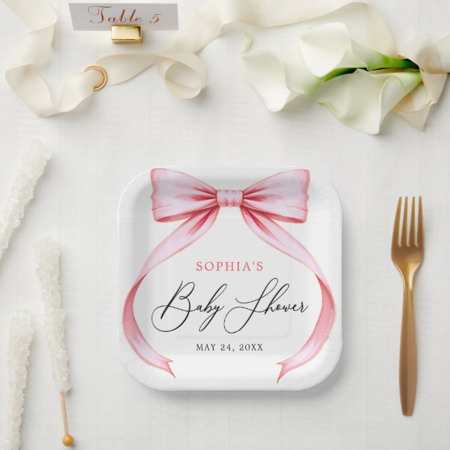 Cute Girly Pink Coquette Bow Baby Shower Paper Plate (Wedding)