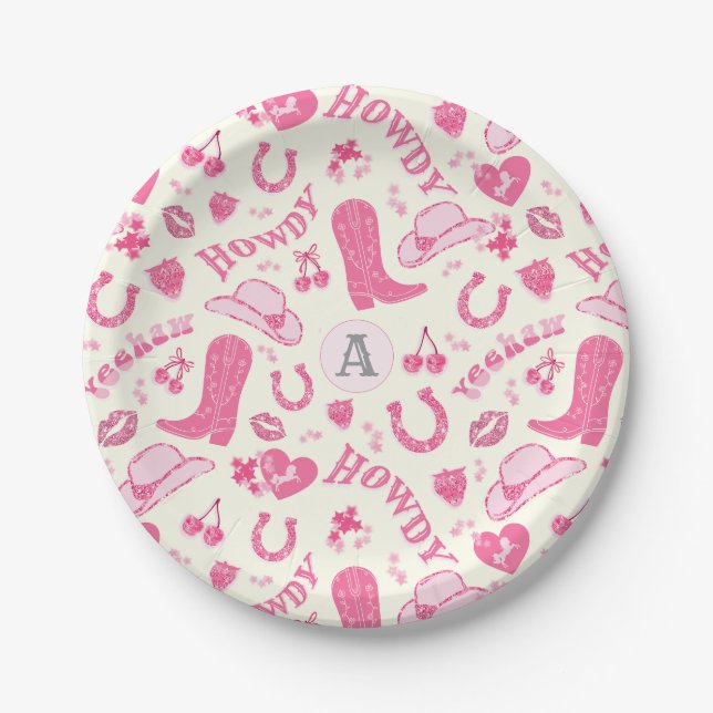 Cute Girly Pink Cowgirl Bows Cherries Monogram Paper Plate (Front)