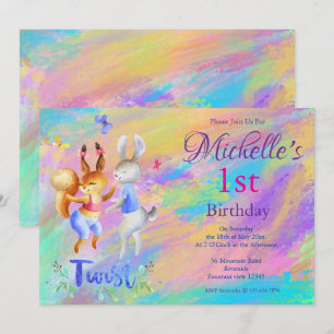 Cute Girly Pink Dancing Rabbits 1st Birthday Party Invitation
