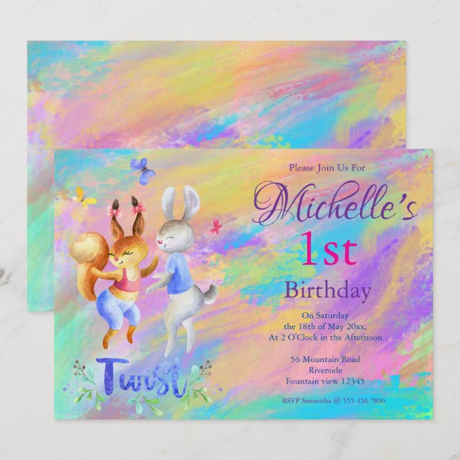 Cute Girly Pink Dancing Rabbits 1st Birthday Party Invitation (Front/Back)