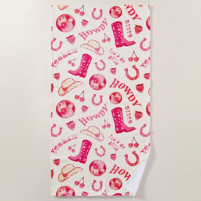 Cute Girly Pink Disco Cowgirl Aesthetic Beach Towel (Front)